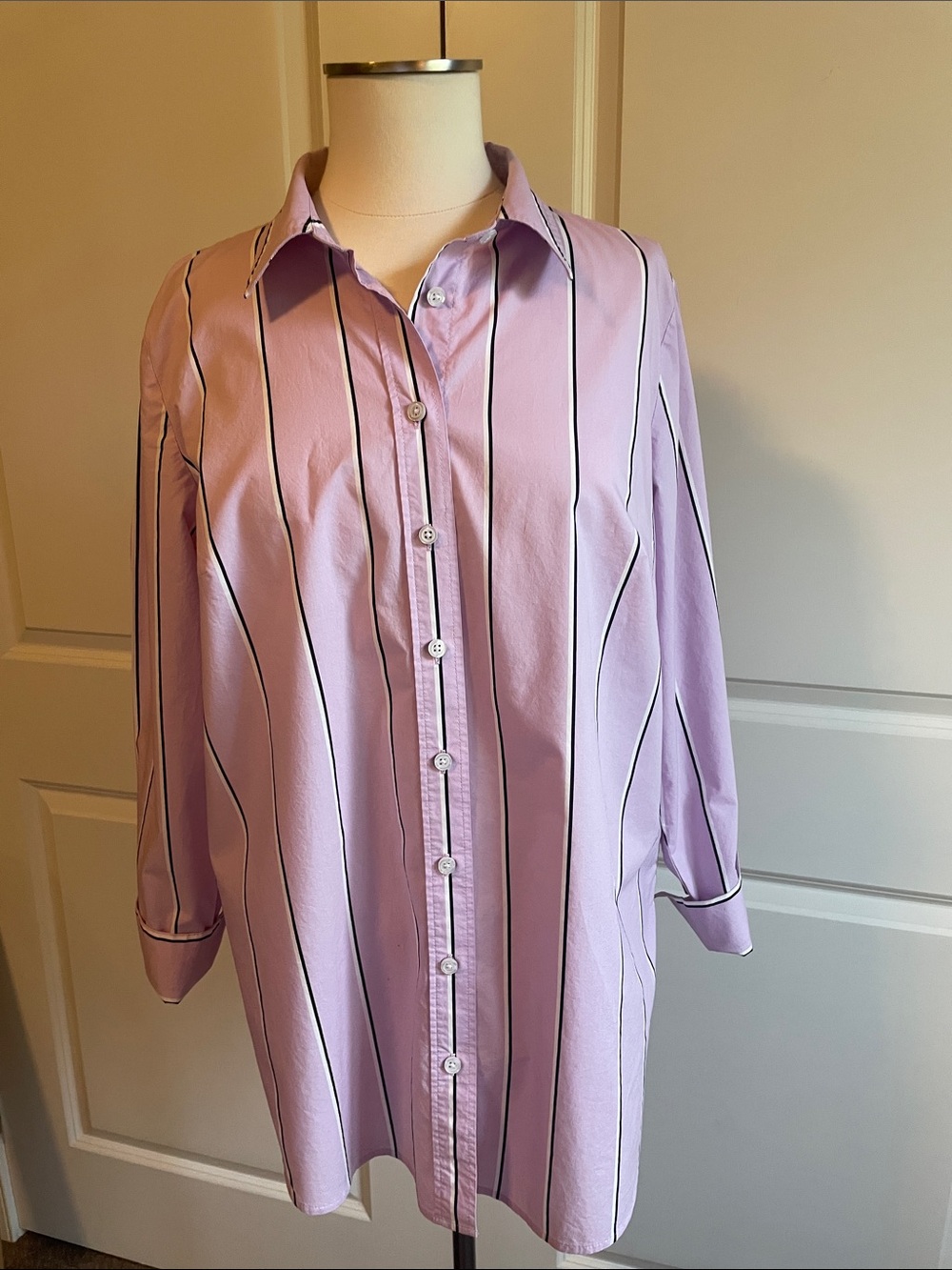 Talbots Lavender Stripe Button-Up Cotton Shirt Size Medium